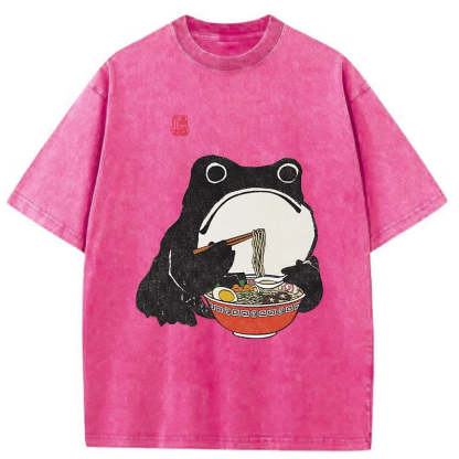 Tokyo-Assassin Funny Frog Eating Ramen Washed T-Shirt-Tokyo-Assassin