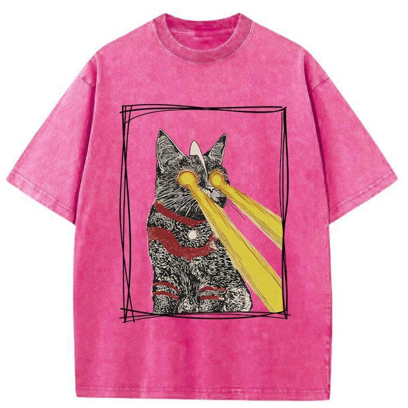 Tokyo-Assassin Laser Eye Cat Washed T-Shirt-Tokyo-Assassin