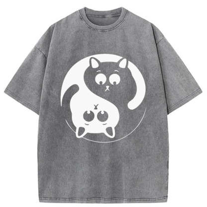Tokyo-Assassin Yin Yang Gossip Cat Washed T-Shirt-Tokyo-Assassin