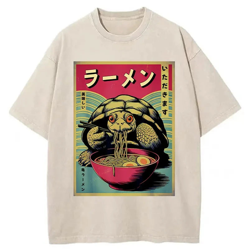 Tokyo-Assassin Turtle Eating Ramen Washed T-Shirt-Tokyo-Assassin