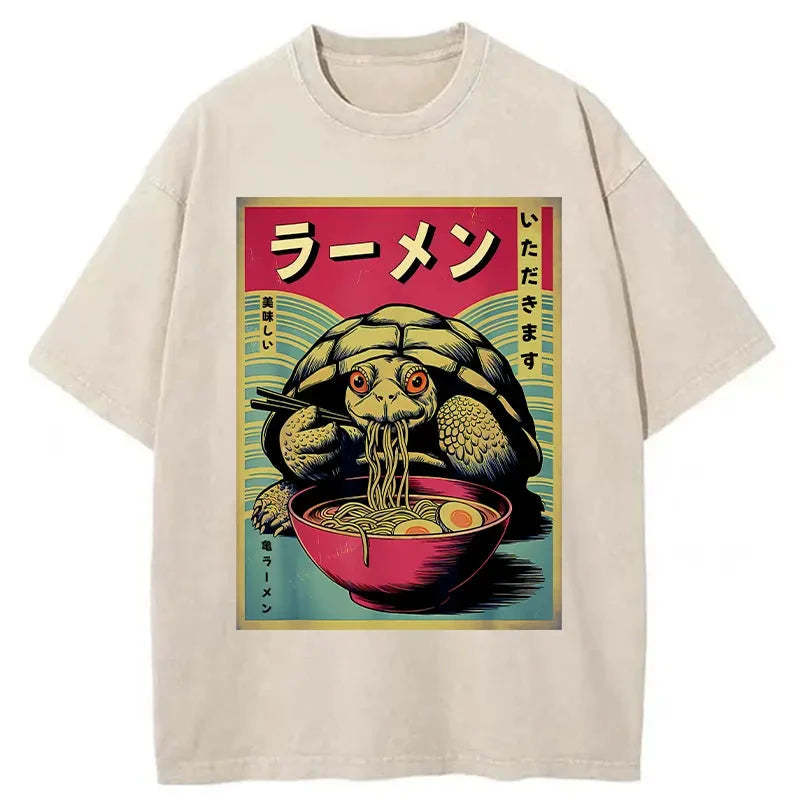 Tokyo-Assassin Turtle Eating Ramen Washed T-Shirt-Tokyo-Assassin