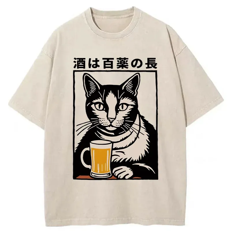 Tokyo-Assassin Cat And Beer Japanese Washed T-Shirt-Tokyo-Assassin