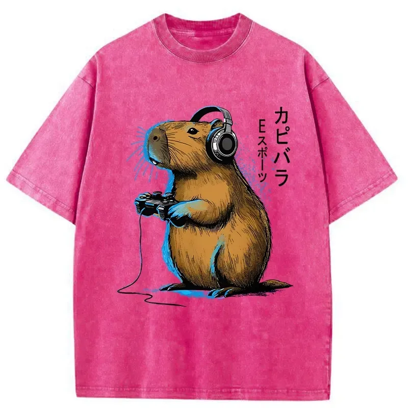 Tokyo-Assassin Capybara Playing E-sports Washed T-Shirt-Tokyo-Assassin