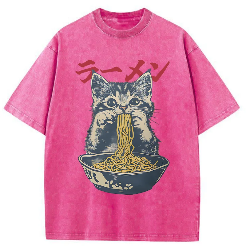 Tokyo-Assassin Cute Cat Is Eating Ramen Washed T-Shirt-Tokyo-Assassin