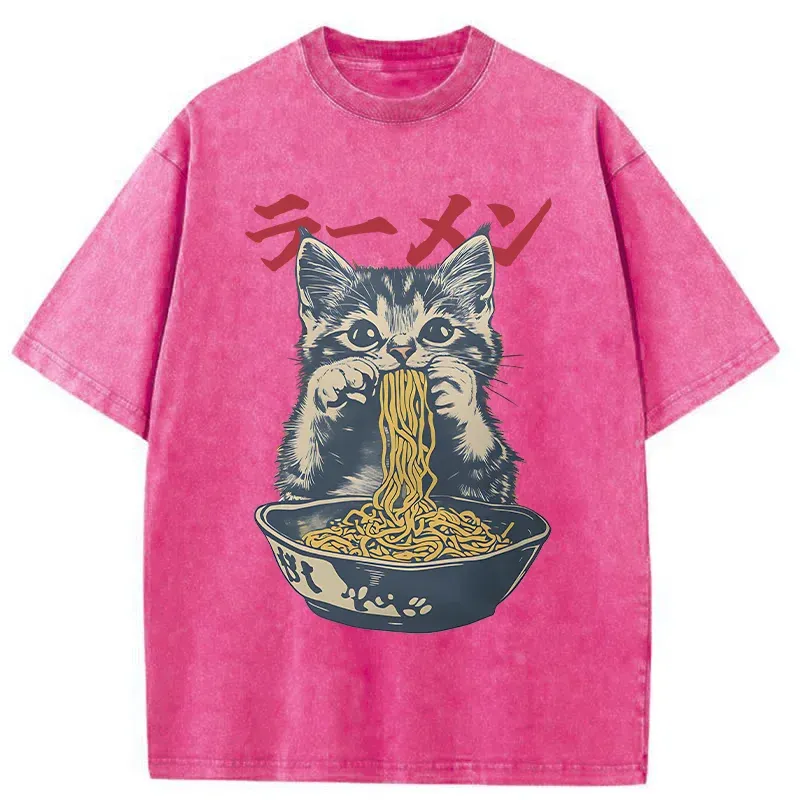 Tokyo-Assassin Cute Cat Is Eating Ramen Washed T-Shirt-Tokyo-Assassin