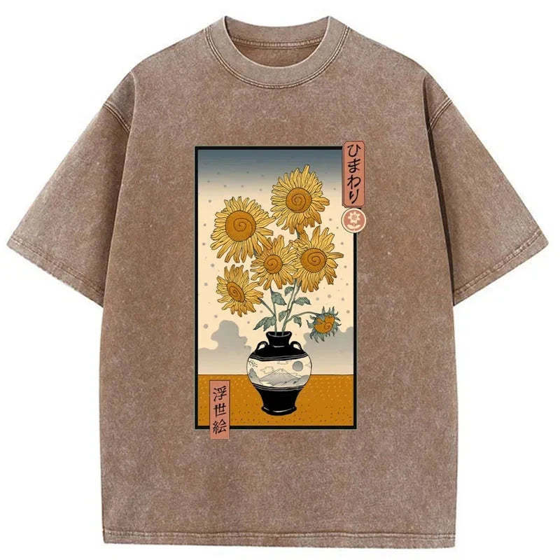 Tokyo-Assassin Sunflowers Ukiyo-e Washed T-Shirt-Tokyo-Assassin