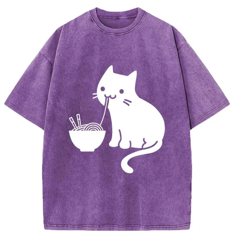 Tokyo-Assassin Cat Eating Ramen Japan Washed T-Shirt-Tokyo Assassin