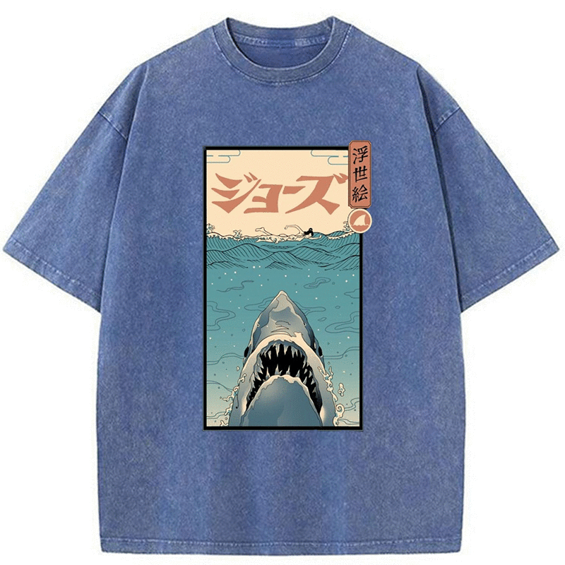 Tokyo-Assassin Great White Shark Japanese Washed T-Shirt-Tokyo-Assassin