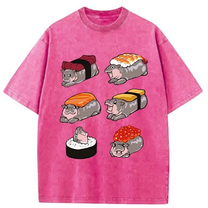 Tokyo-Assassin Cute Hippo Sushi Washed T-Shirt-Tokyo Assassin