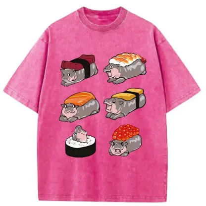 Tokyo-Assassin Cute Hippo Sushi Washed T-Shirt-Tokyo Assassin
