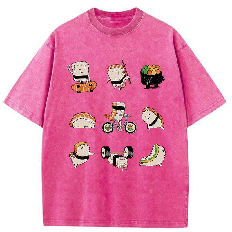Tokyo-Assassin Cute Sports Sushi Washed T-Shirt-Tokyo Assassin