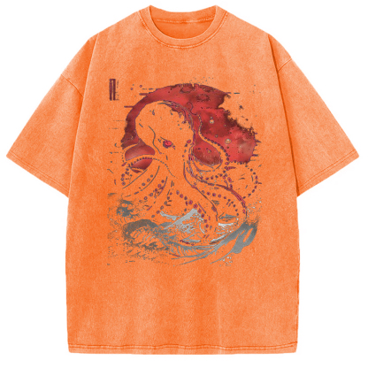 Tokyo-Assassin Red Moon Kraken Octopus Washed T-Shirt-Tokyo Assassin