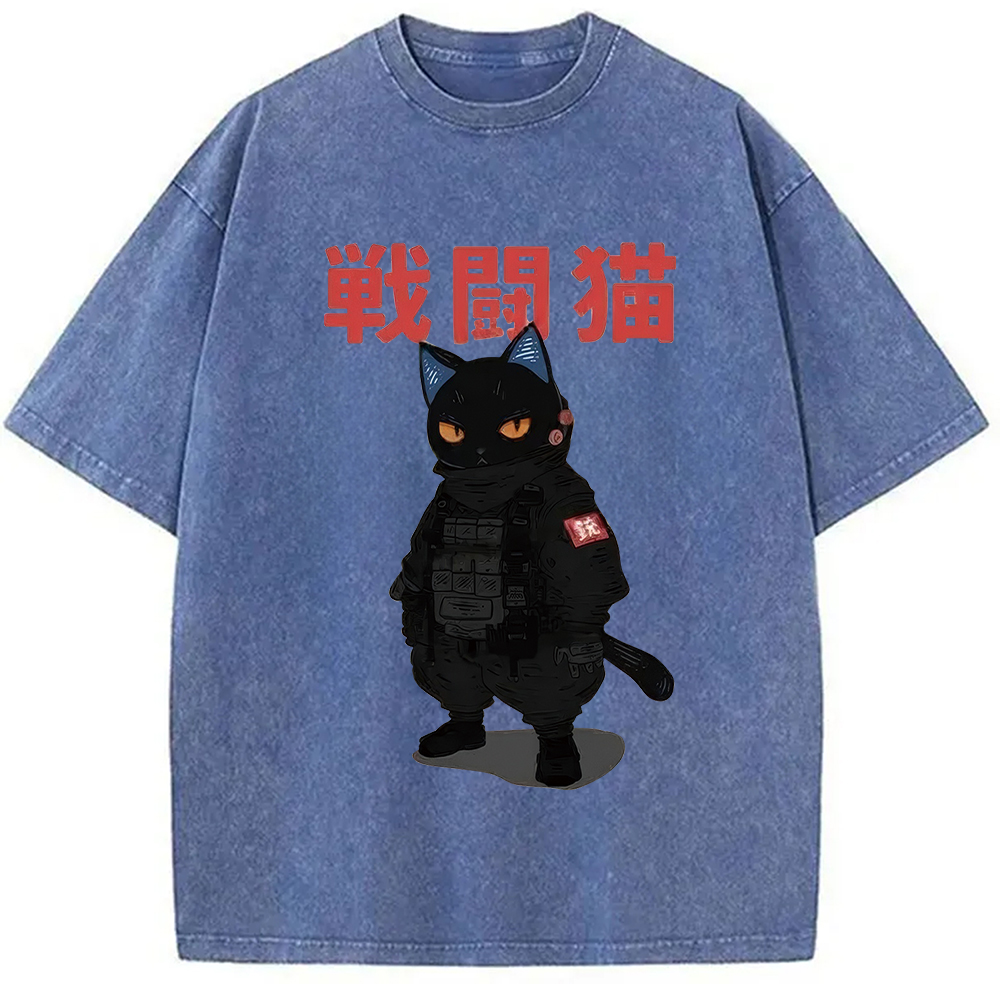Tokyo-Assassin Fighting Cat Washed T-Shirt-Tokyo-Assassin