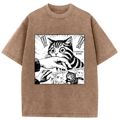 Tokyo-Assassin Cat Biting Funny Washed T-Shirt-Tokyo-Assassin