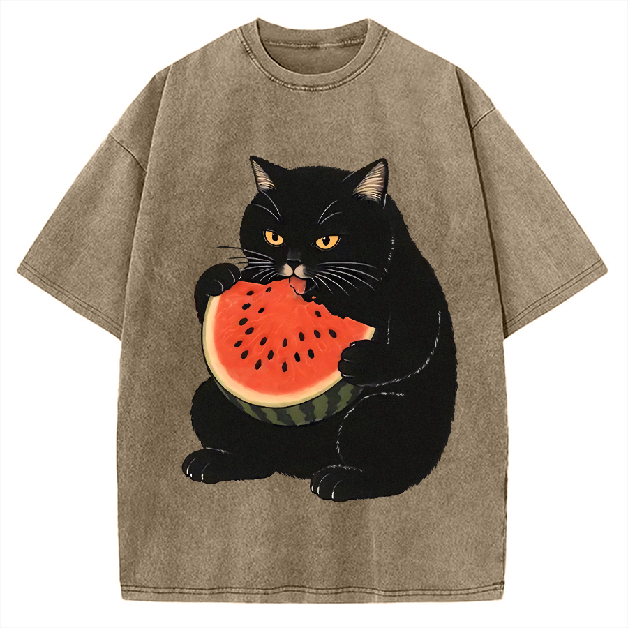 Black cat eating watermelon Vintage Washed T-shirt