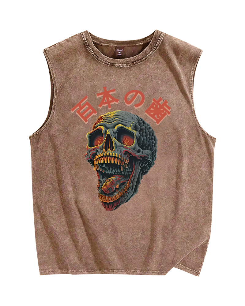 Japanese Style Skull Vintage Distressed Washed Tank-Zazasy