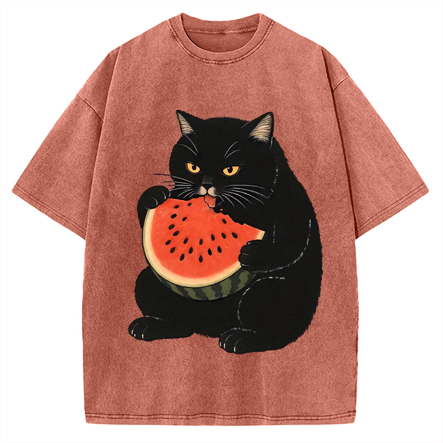 Black cat eating watermelon Vintage Washed T-shirt