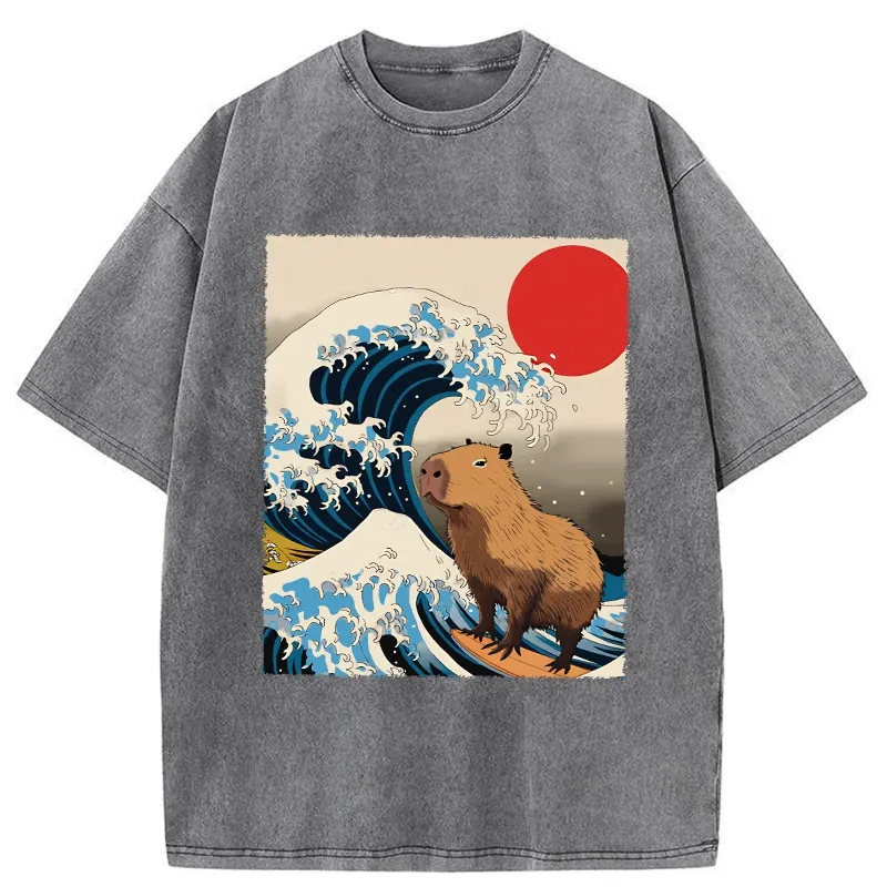 Tokyo-Assassin Funny Capybara Surfing Washed T-Shirt-Tokyo-Assassin