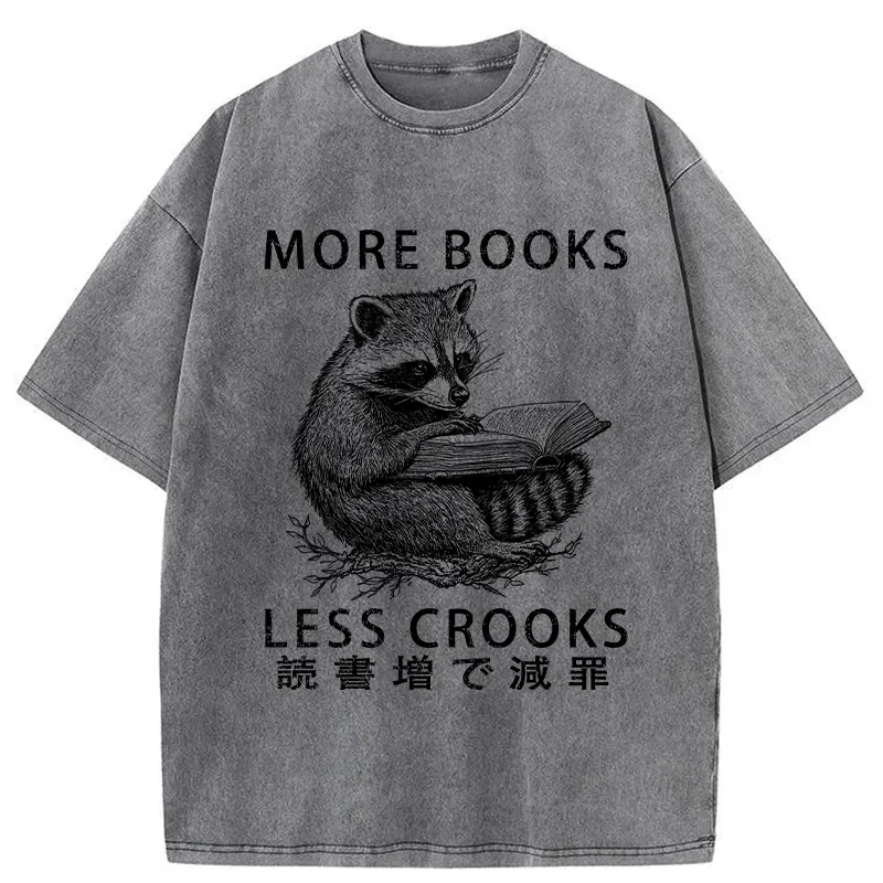 Tokyo-Assassin Raccoon Reading Books Less Crooks Washed T-Shirt-Tokyo Assassin