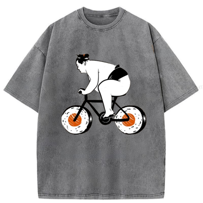 Tokyo-Assassin Sumo Riding A Sushi Bike Washed T-Shirt-Tokyo-Assassin