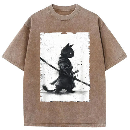 Tokyo-Assassin Retro Cat Samurai Japanese Washed T-Shirt-Tokyo-Assassin