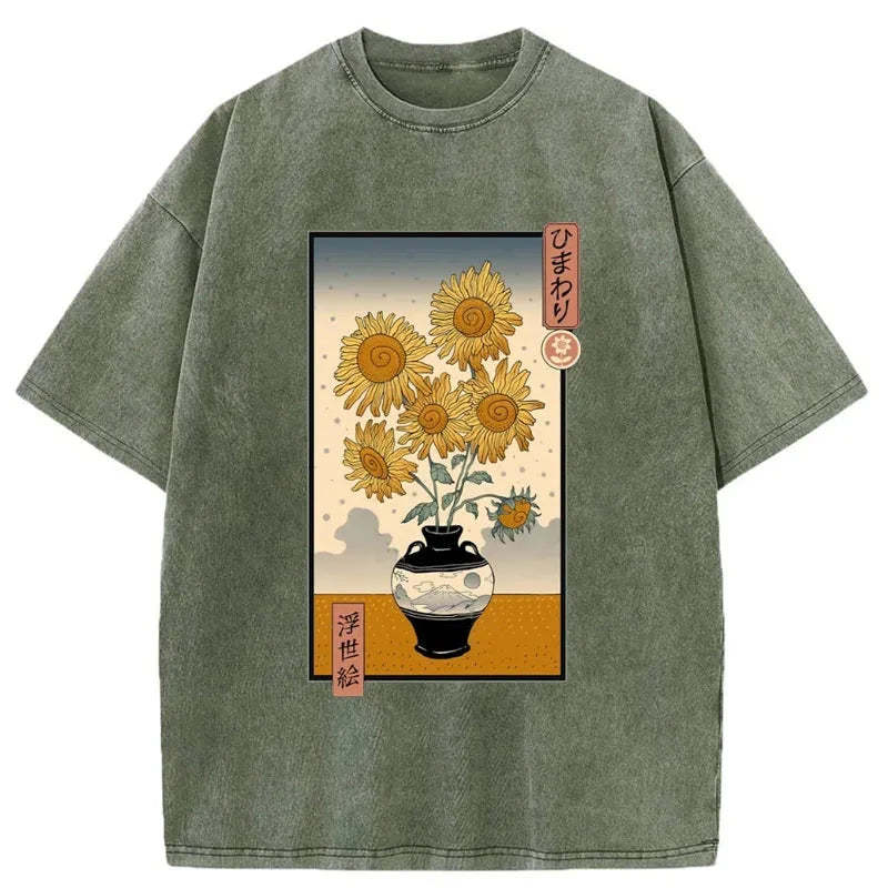 Tokyo-Assassin Sunflowers Ukiyo-e Washed T-Shirt-Tokyo-Assassin