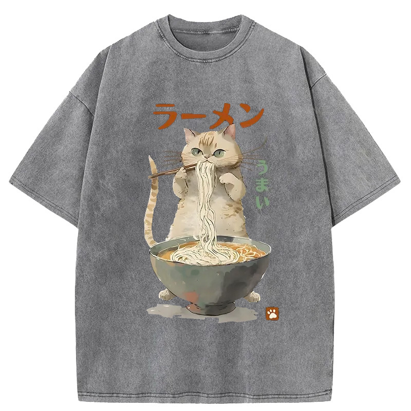 Tokyo-Assassin Cute Cat Eating Yummy Ramen Washed T-Shirt-Tokyo-Assassin