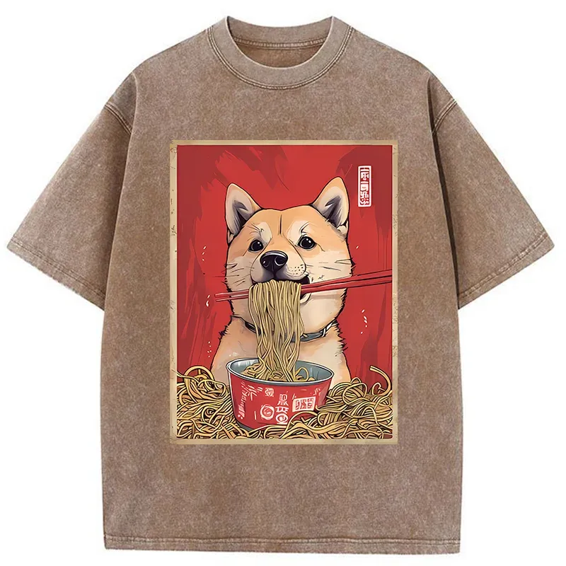Tokyo-Assassin Shiba Lnu Eating Ramen Washed T-Shirt-Tokyo Assassin