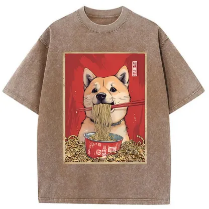 Tokyo-Assassin Shiba Lnu Eating Ramen Washed T-Shirt-Tokyo Assassin