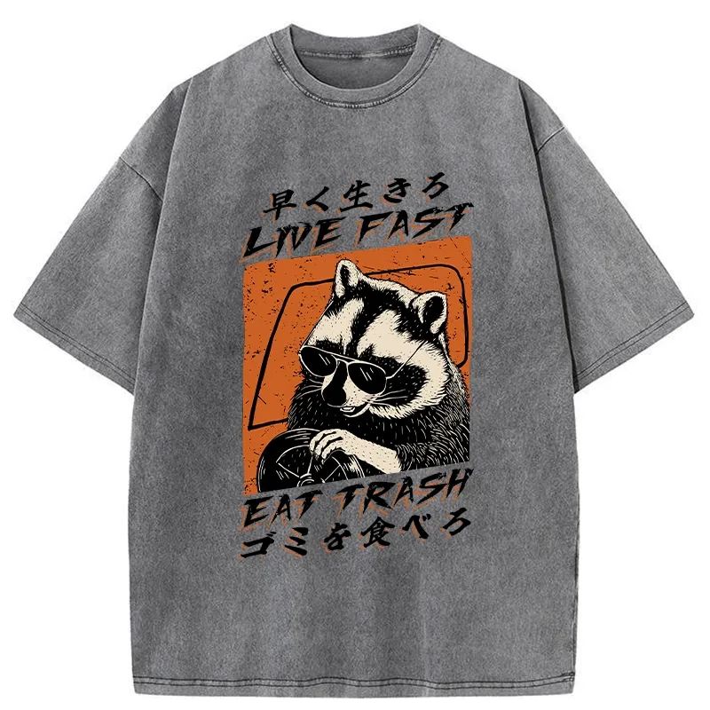 Tokyo-Assassin Raccoon Live Fast Eat Trash Washed T-Shirt-Tokyo-Assassin