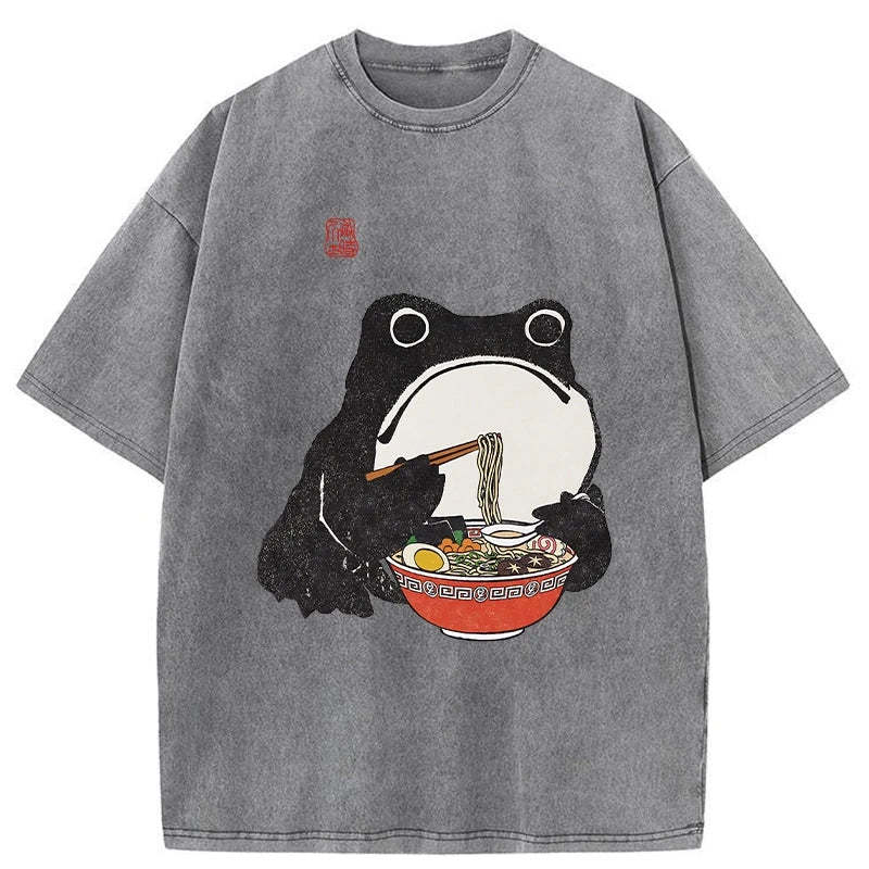 Tokyo-Assassin Funny Frog Eating Ramen Washed T-Shirt-Tokyo-Assassin