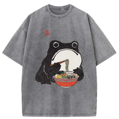 Tokyo-Assassin Funny Frog Eating Ramen Washed T-Shirt-Tokyo-Assassin