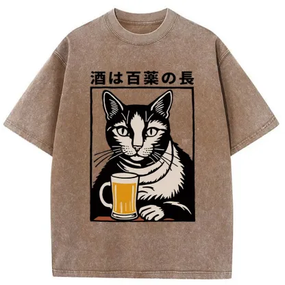 Tokyo-Assassin Cat And Beer Japanese Washed T-Shirt-Tokyo-Assassin