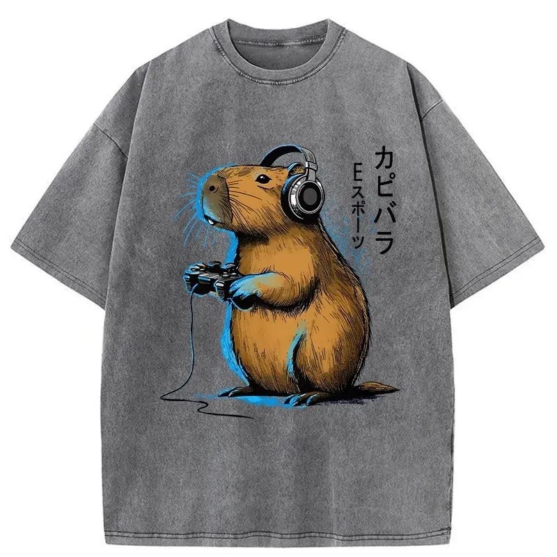 Tokyo-Assassin Capybara Playing E-sports Washed T-Shirt-Tokyo-Assassin