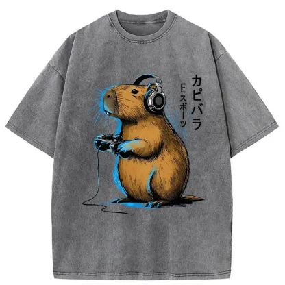 Tokyo-Assassin Capybara Playing E-sports Washed T-Shirt-Tokyo-Assassin