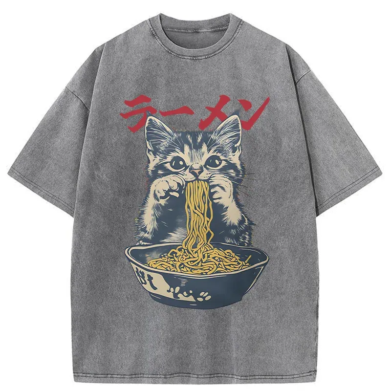 Tokyo-Assassin Cute Cat Is Eating Ramen Washed T-Shirt-Tokyo-Assassin