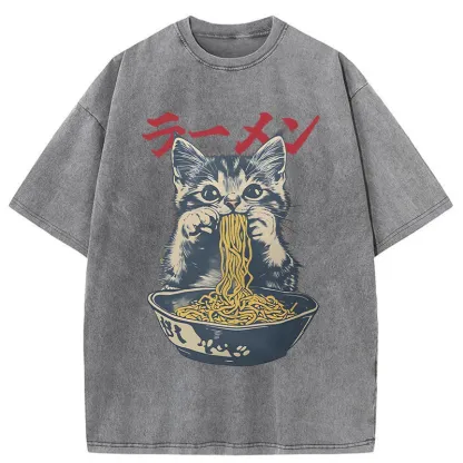 Tokyo-Assassin Cute Cat Is Eating Ramen Washed T-Shirt-Tokyo-Assassin