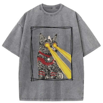 Tokyo-Assassin Laser Eye Cat Washed T-Shirt-Tokyo-Assassin