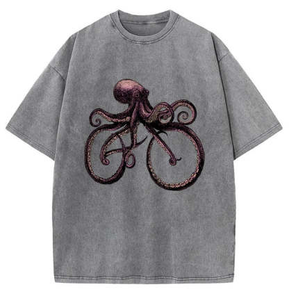 Tokyo-Assassin Japanese Octopus Bicycle Washed T-Shirt-Tokyo-Assassin