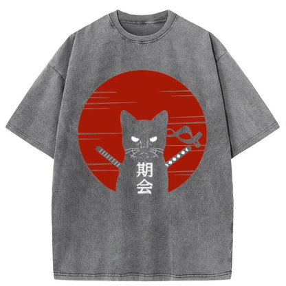 Tokyo-Assassin Japanese Ninja Cat Washed T-Shirt-Tokyo Assassin