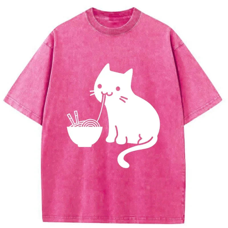 Tokyo-Assassin Cat Eating Ramen Japan Washed T-Shirt-Tokyo Assassin
