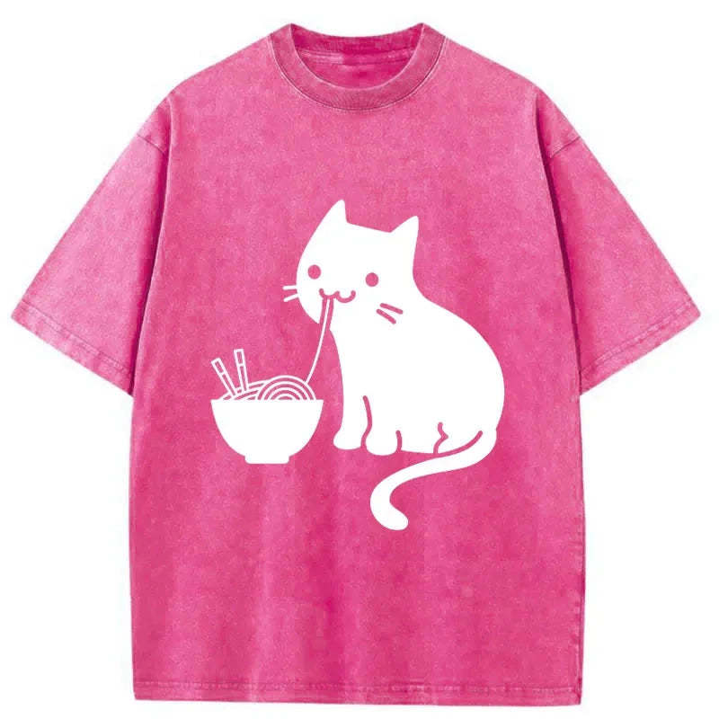 Tokyo-Assassin Cat Eating Ramen Japan Washed T-Shirt-Tokyo Assassin