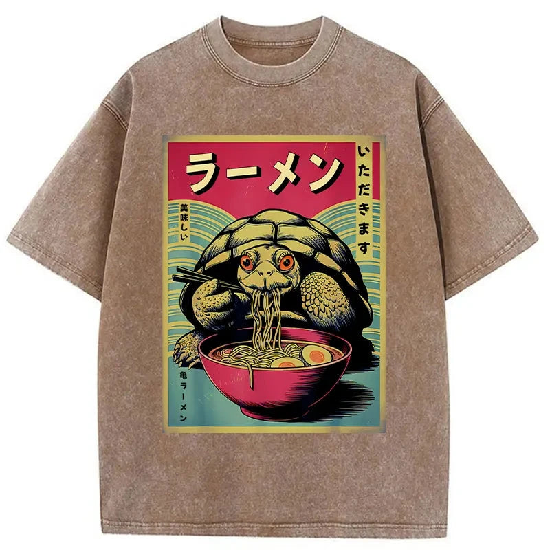 Tokyo-Assassin Turtle Eating Ramen Washed T-Shirt-Tokyo-Assassin