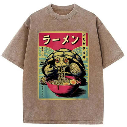 Tokyo-Assassin Turtle Eating Ramen Washed T-Shirt-Tokyo-Assassin