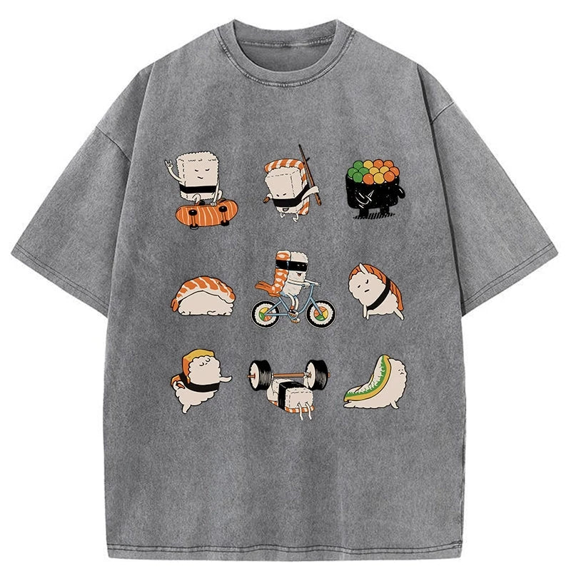 Tokyo-Assassin Cute Sports Sushi Washed T-Shirt-Tokyo Assassin