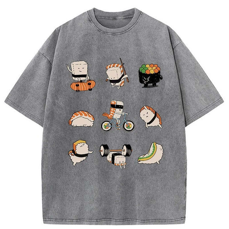 Tokyo-Assassin Cute Sports Sushi Washed T-Shirt-Tokyo Assassin