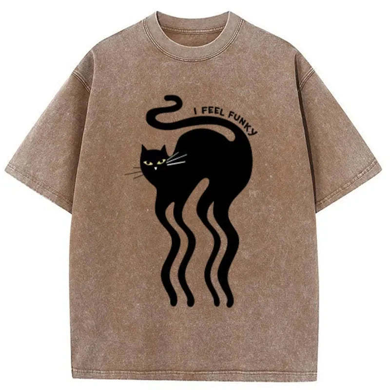 Tokyo-Assassin Wave Funny Cat Washed T-Shirt-Tokyo-Assassin