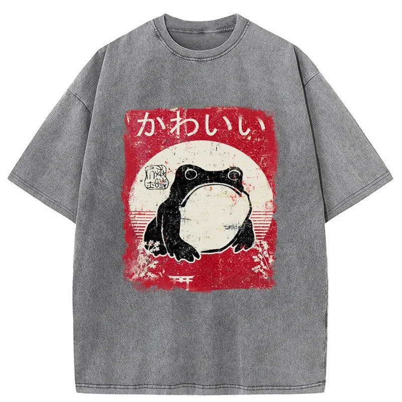 Tokyo-Assassin Woodblock Print Grumpy Frog Washed T-Shirt-Tokyo-Assassin