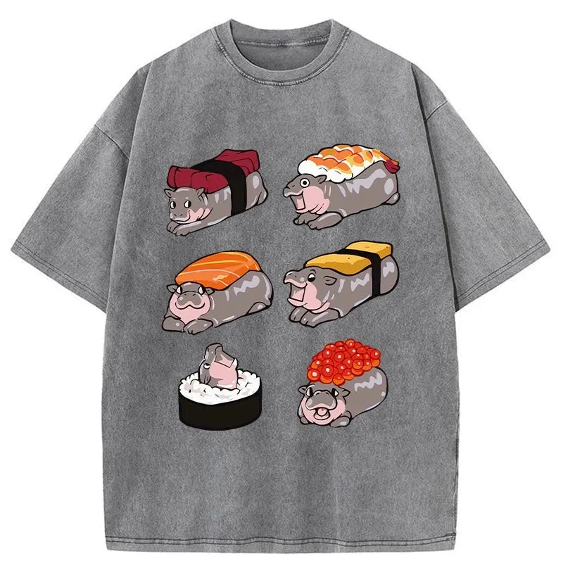 Tokyo-Assassin Cute Hippo Sushi Washed T-Shirt-Tokyo Assassin
