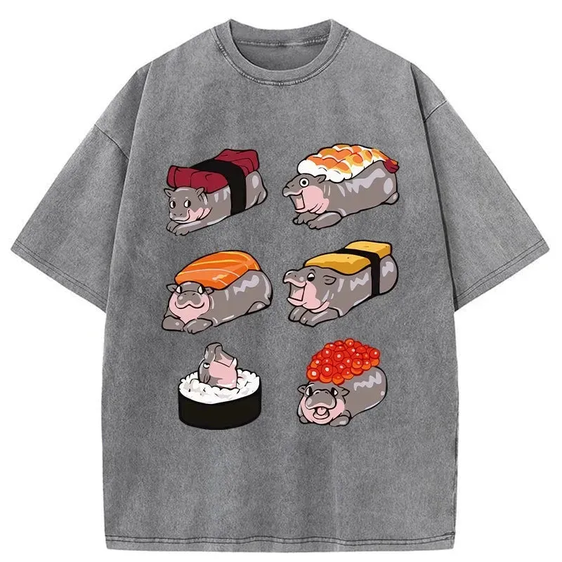 Tokyo-Assassin Cute Hippo Sushi Washed T-Shirt-Tokyo Assassin